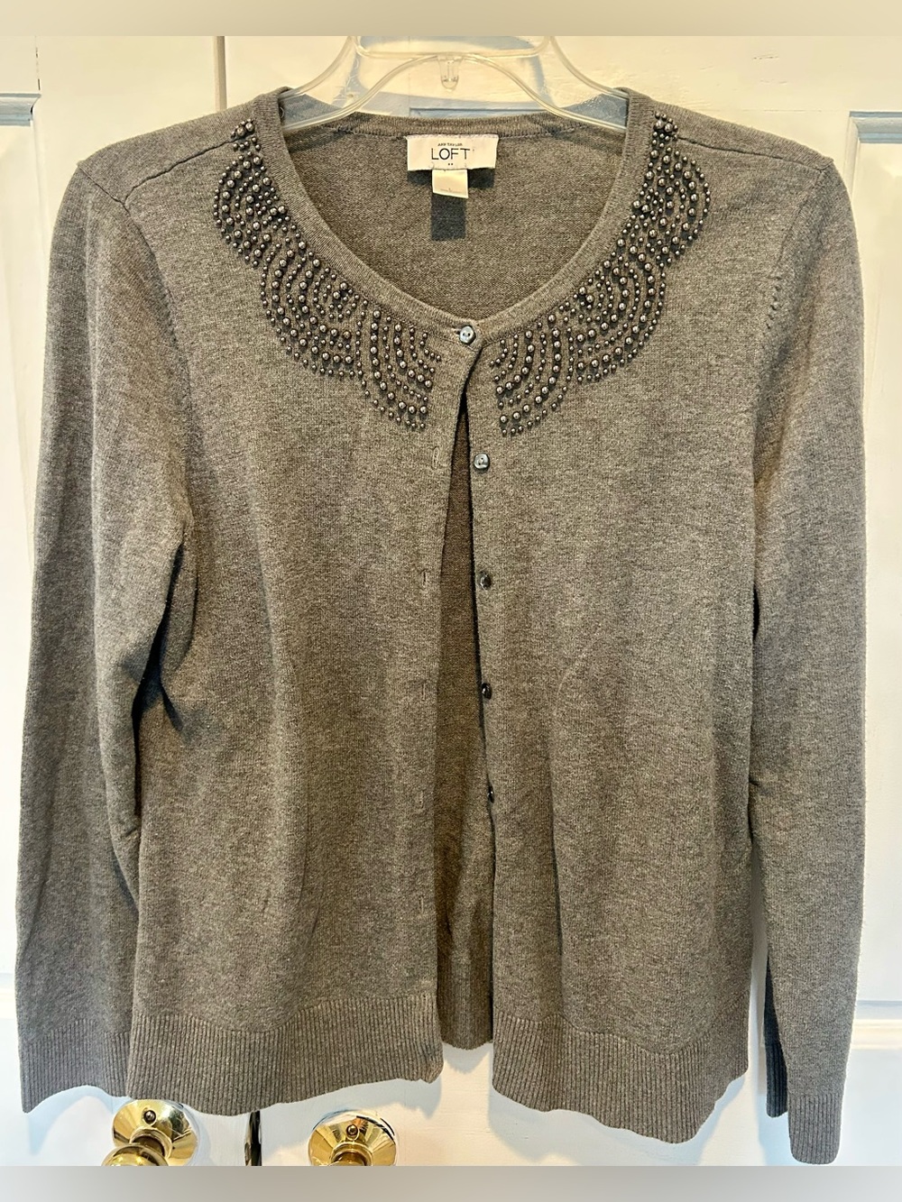 LOFT Gray Beaded Neck Crewneck Cardigan
